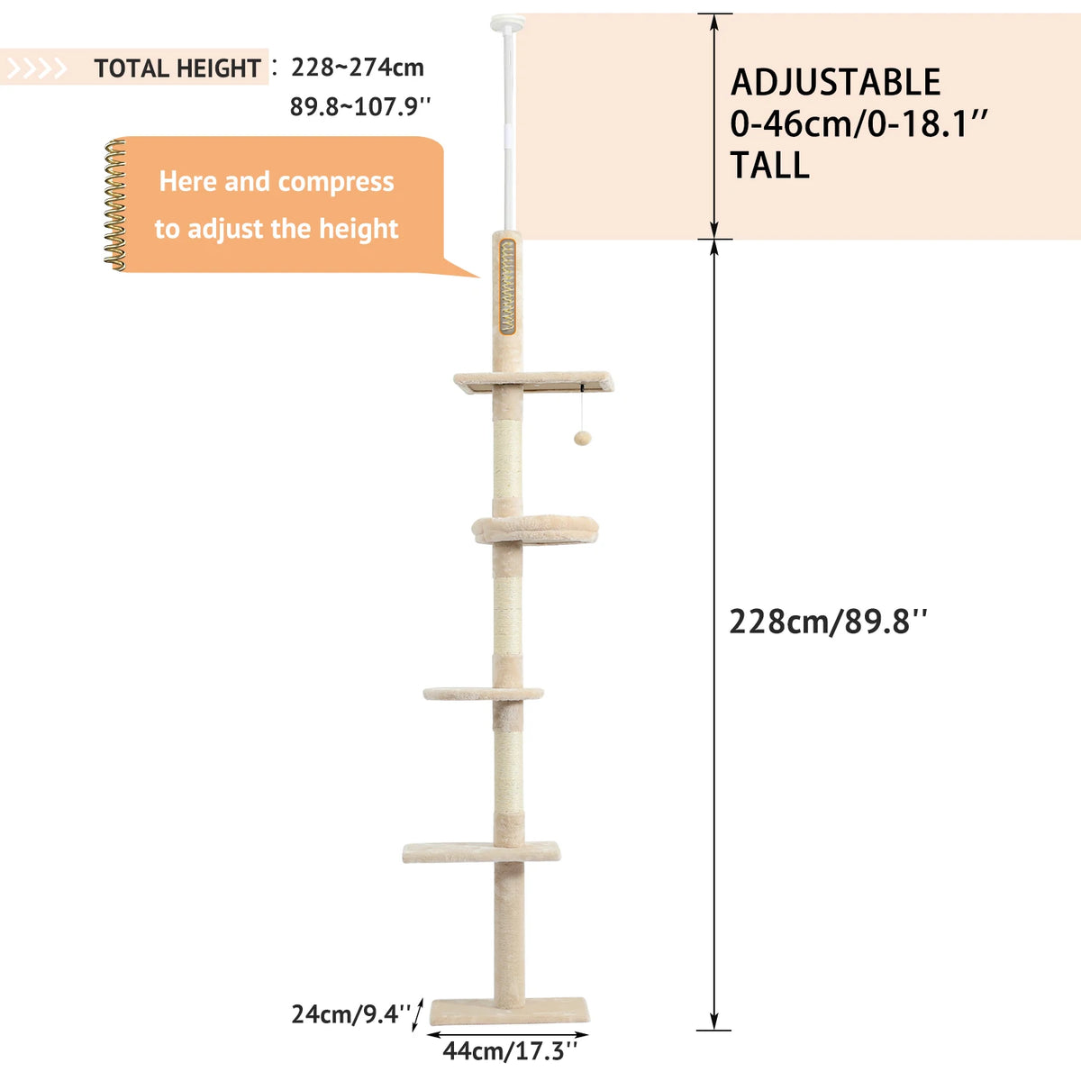 Arbre à chat sol au plafond beige 274 cm — vue d'ensemble