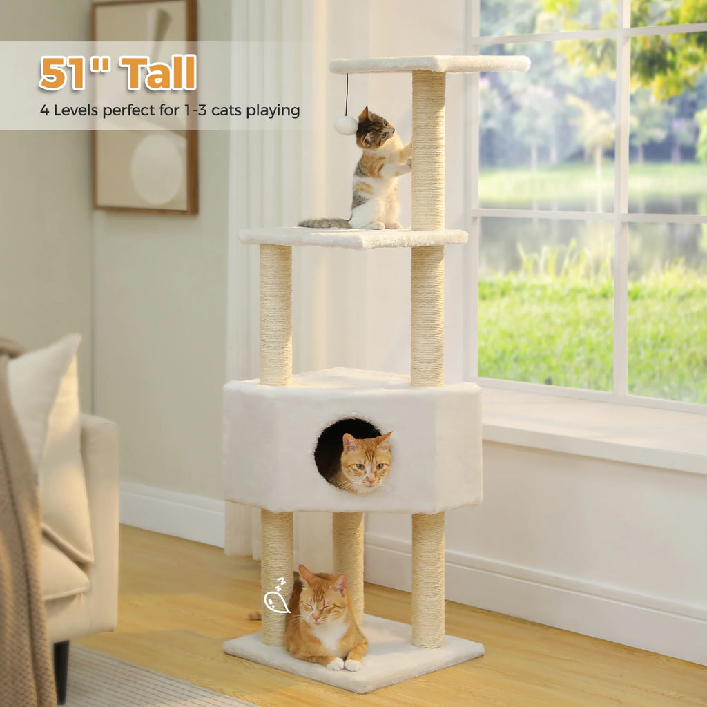 Arbre à chat blanc 106 cm — vu de trois quarts