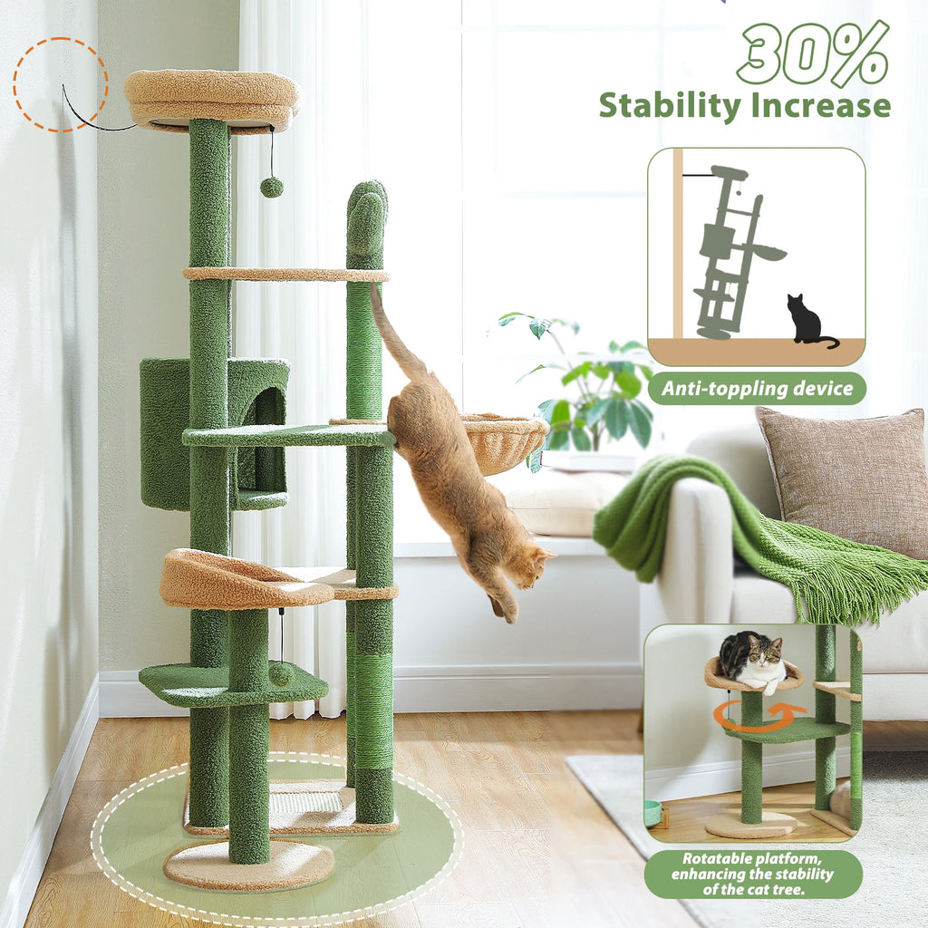 Arbre à chat cactus vert vert et beige poteau en sisal naturel