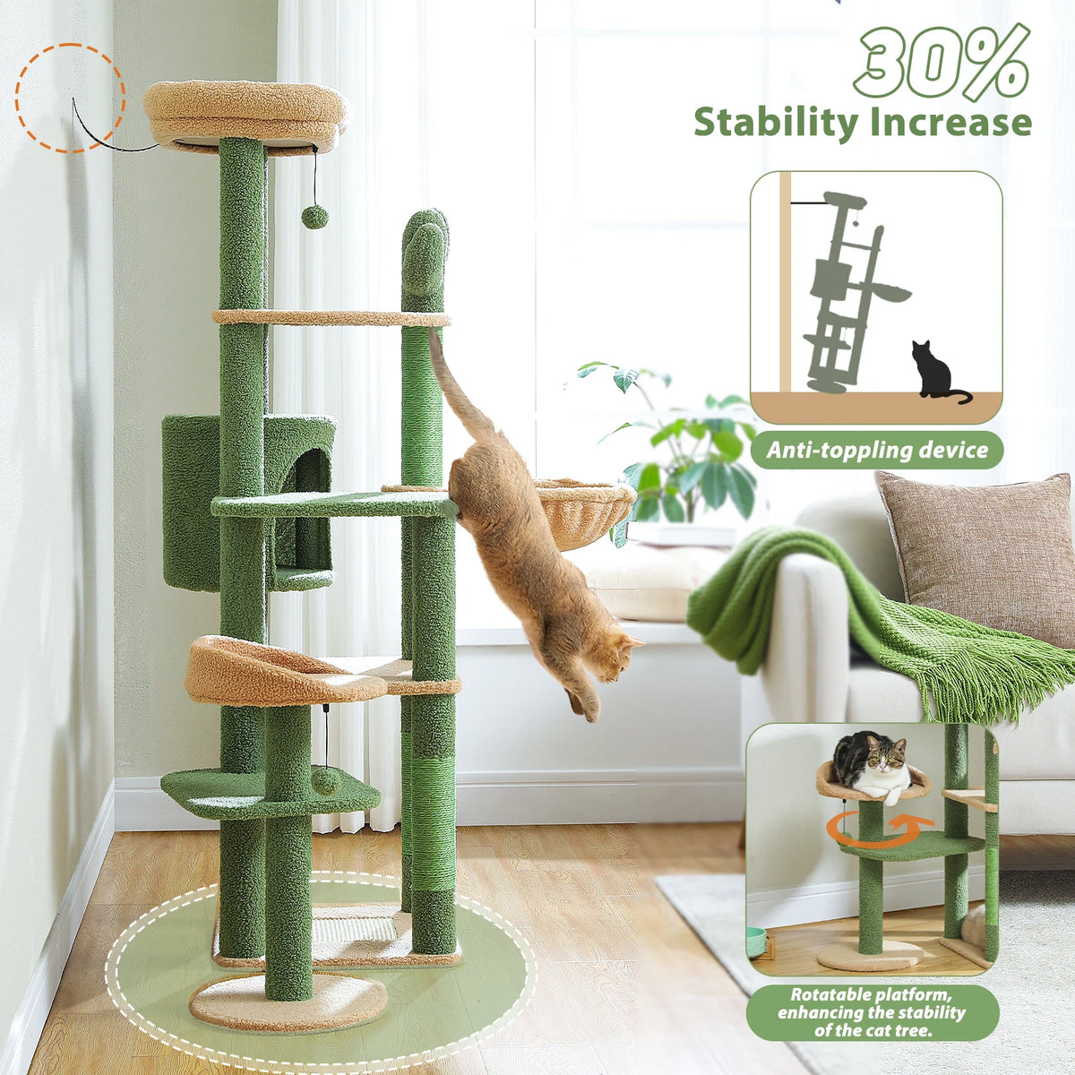 Arbre à chat cactus vert vert et beige poteau en sisal naturel