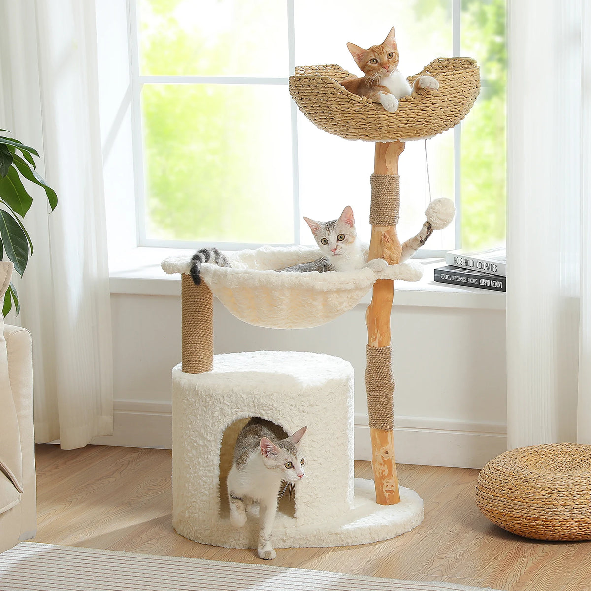Arbre à chat bois et rotin blanc blanc détail de la niche
