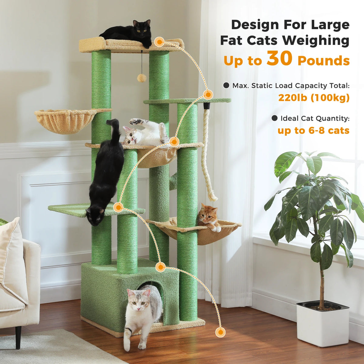Arbre à chat rose XXL 170 cm — poteau en sisal naturel