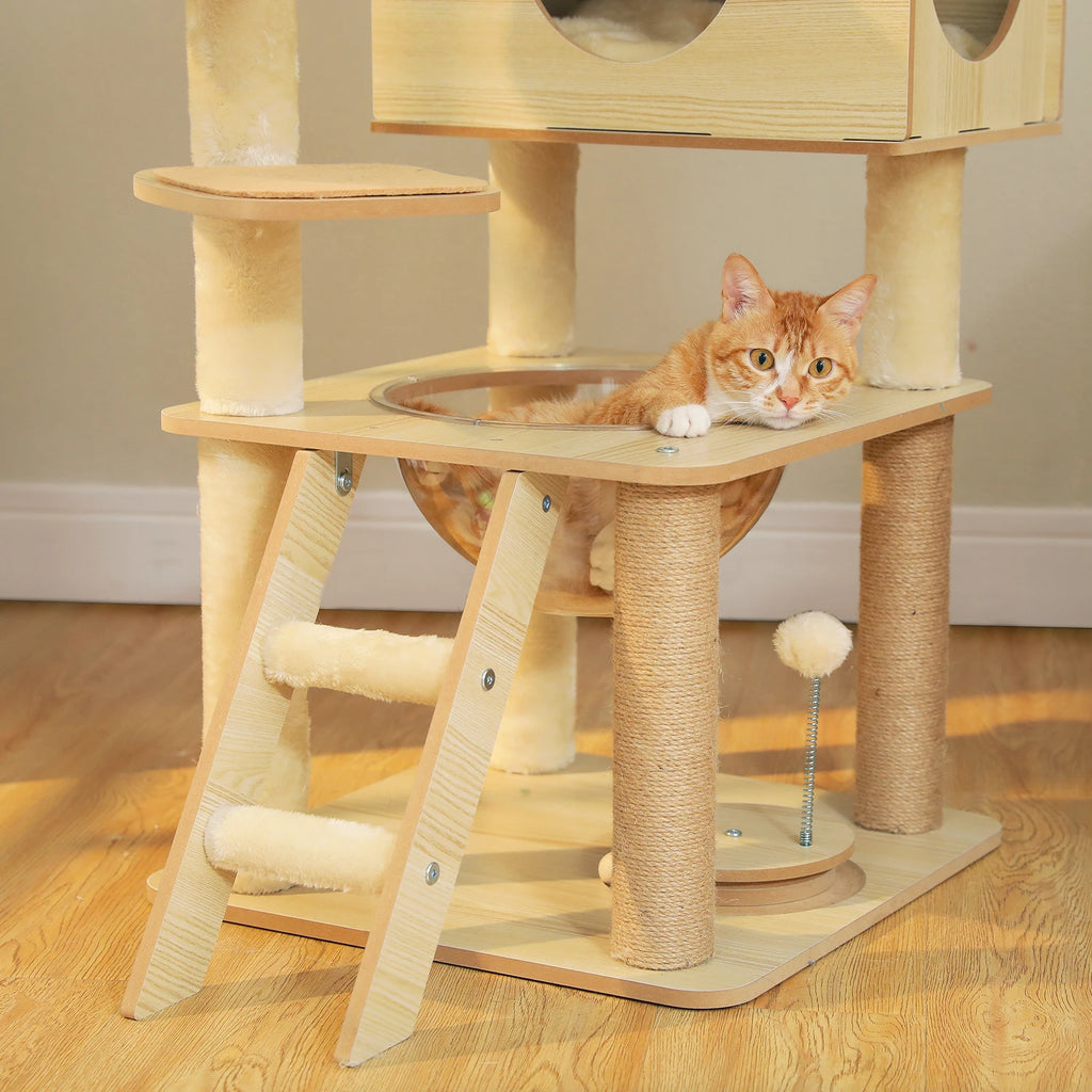 Arbre à chat en bois 144 cm — vu de trois quarts