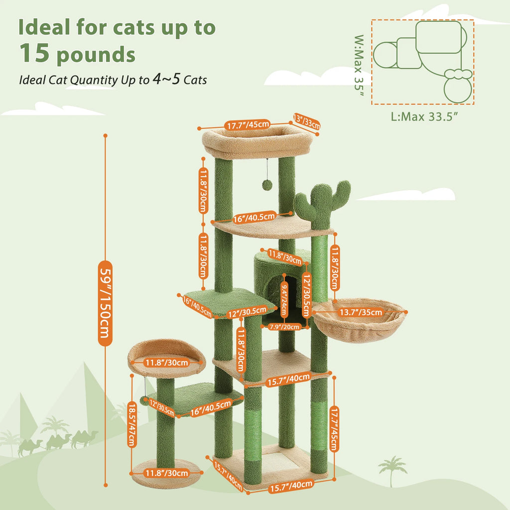 Arbre à chat cactus vert vert et beige en situation dans un salon