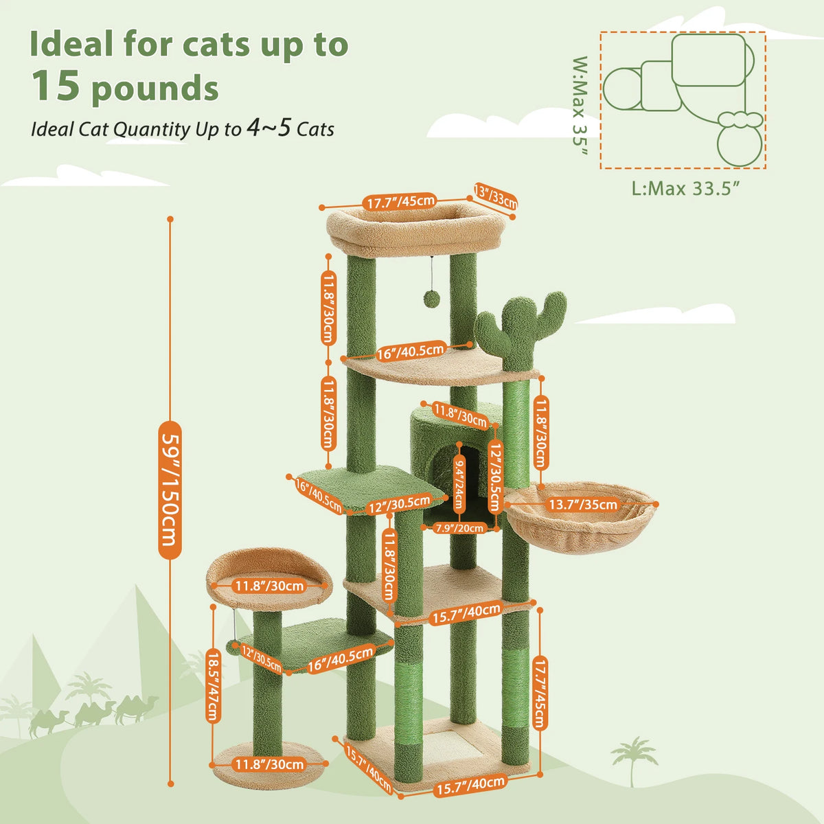 Arbre à chat cactus vert vert et beige en situation dans un salon