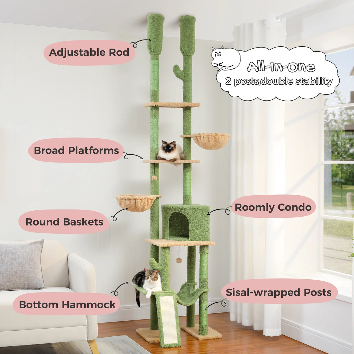 Arbre à chat sol au plafond gris — détail du couchage haut