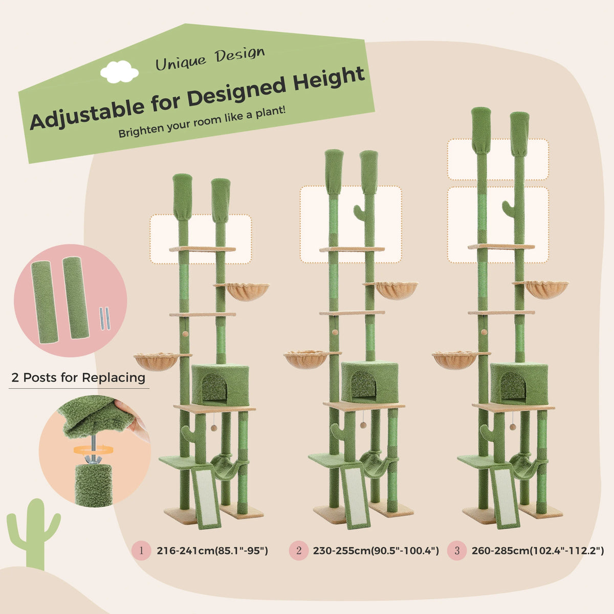 Arbre à chat sol au plafond vert 285 cm — détail du hamac