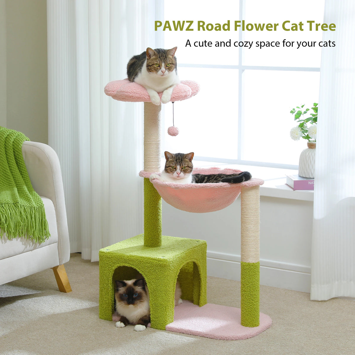 Arbre à chat fleur brun et vert — poteau en sisal naturel