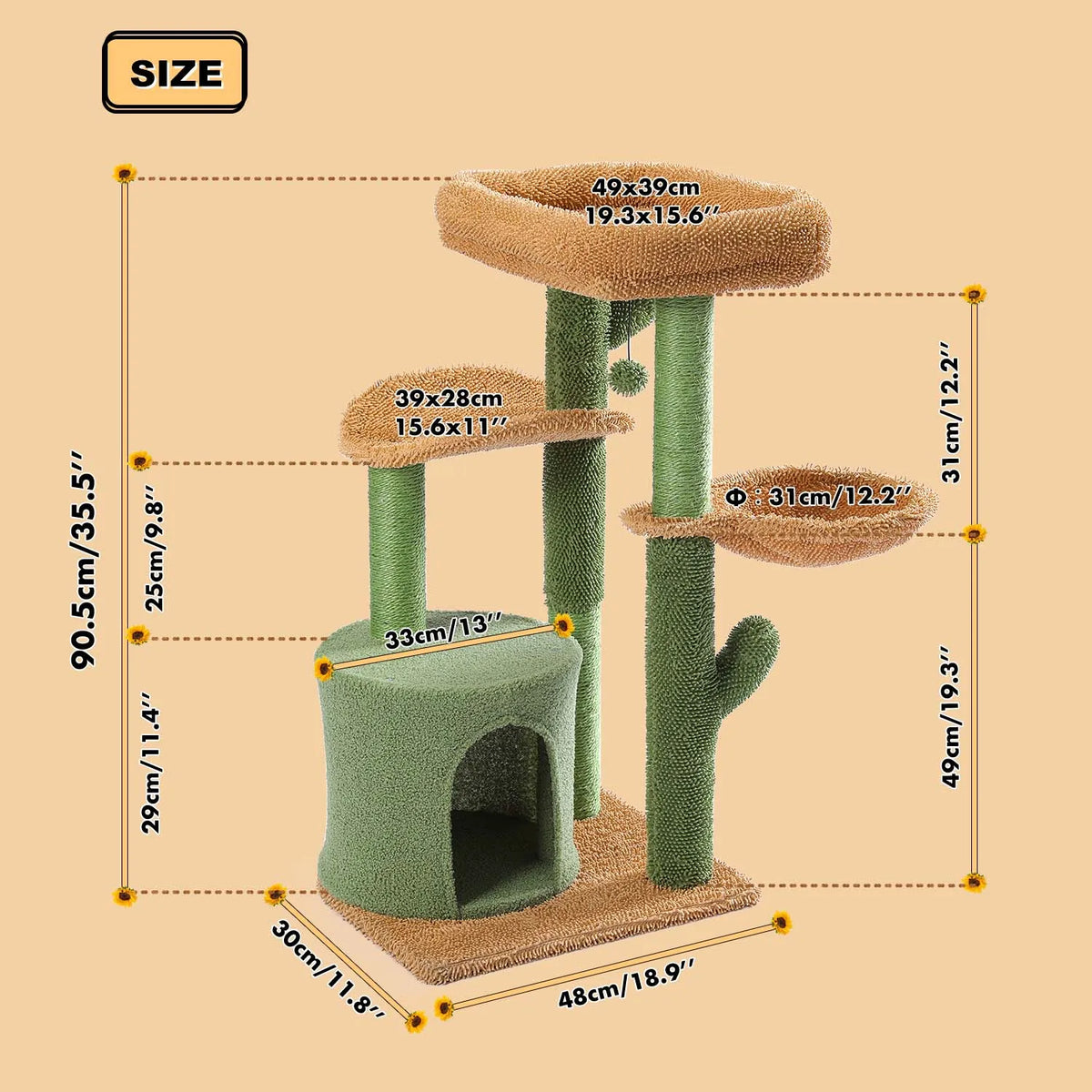 Arbre à chat cactus vert 90 cm — détail du couchage haut