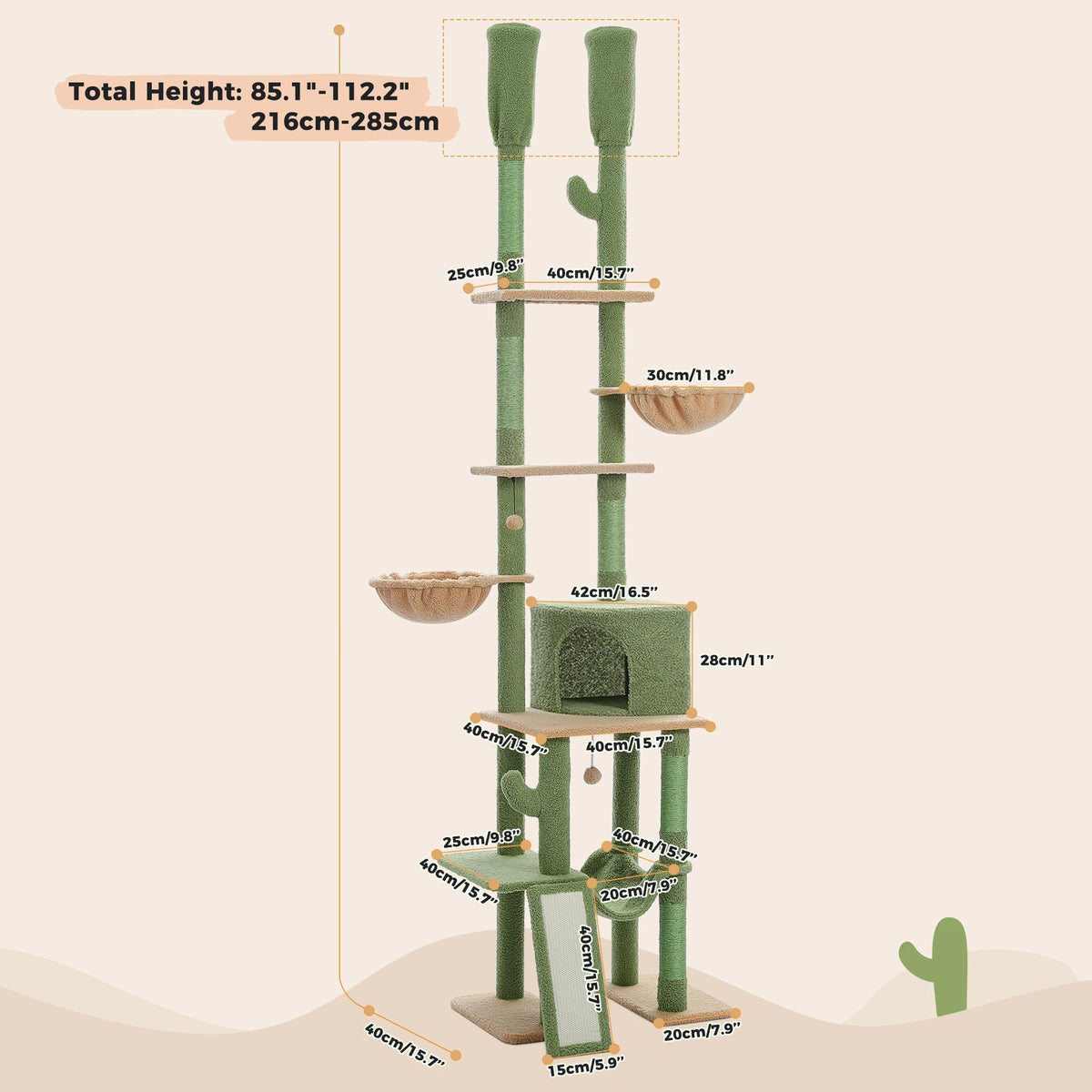 Arbre à chat sol au plafond vert 285 cm — base de l'arbre à chat