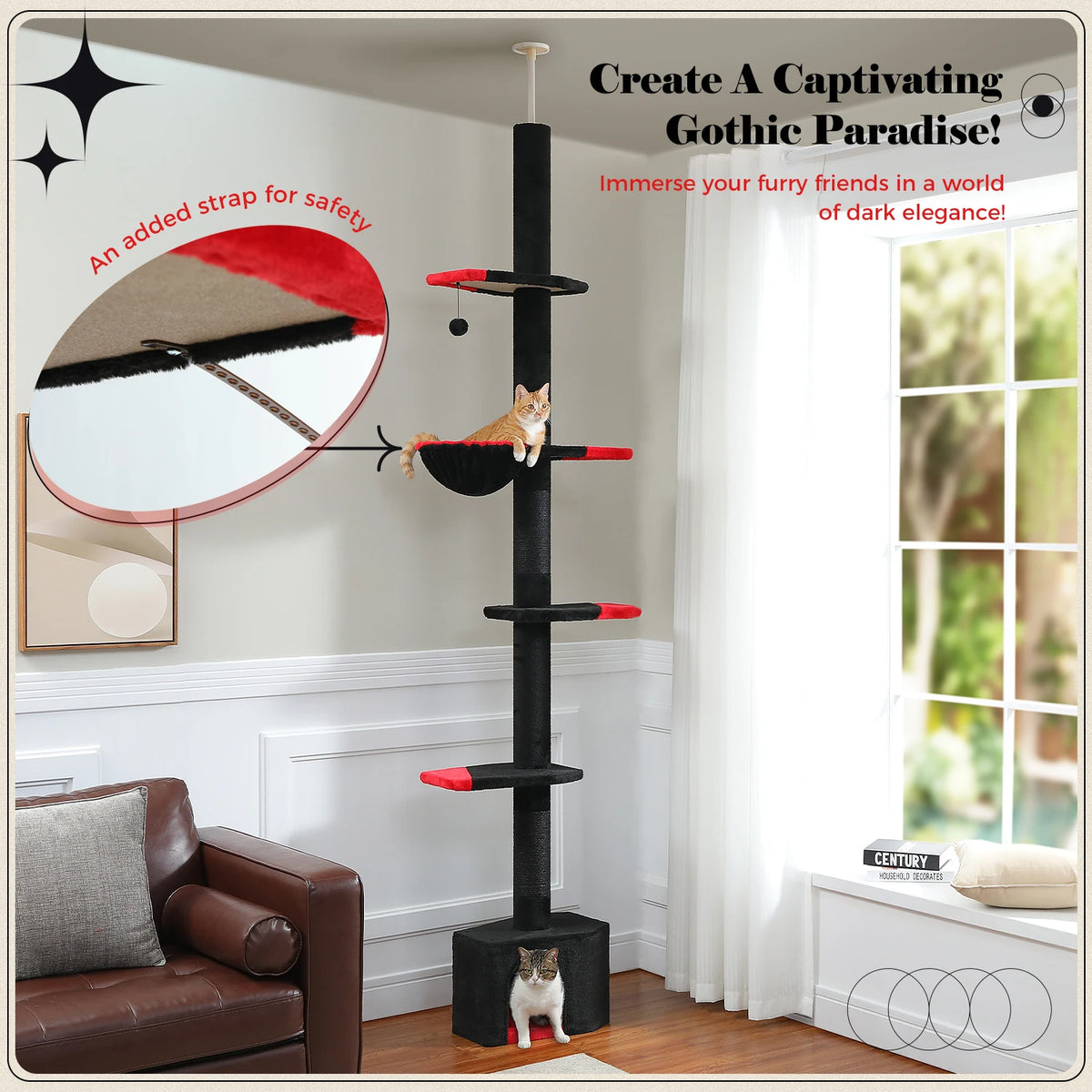 Arbre à chat sol au plafond noir et rouge — poteau en sisal naturel