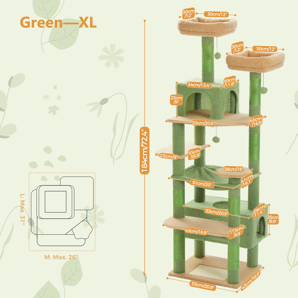 Arbre à chat vert 184 cm — détail du couchage haut