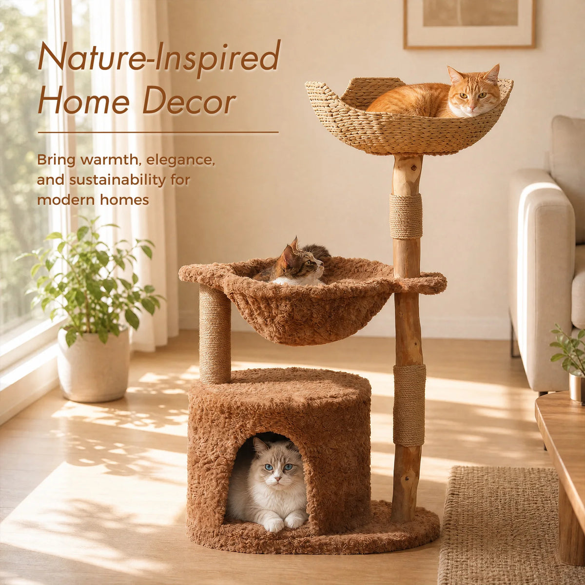 Arbre à chat bois et rotin brun brun détail du couchage haut