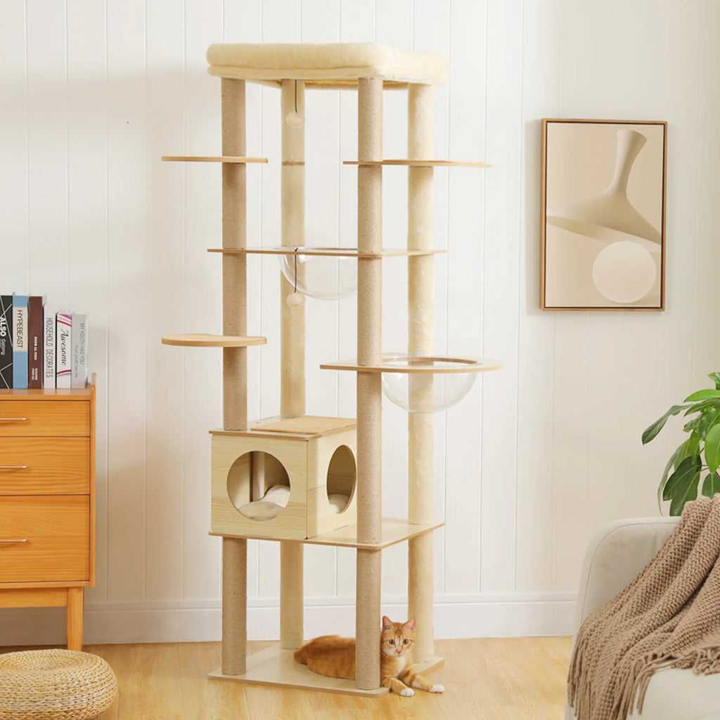Arbre à chat bois plusieurs chats — détail du couchage haut