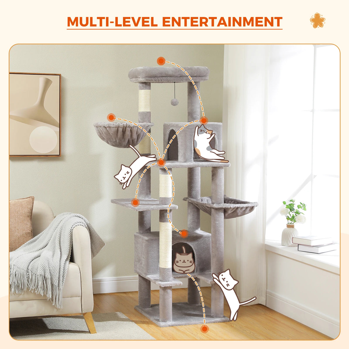 Arbre à chat beige grand chat — poteau en sisal naturel