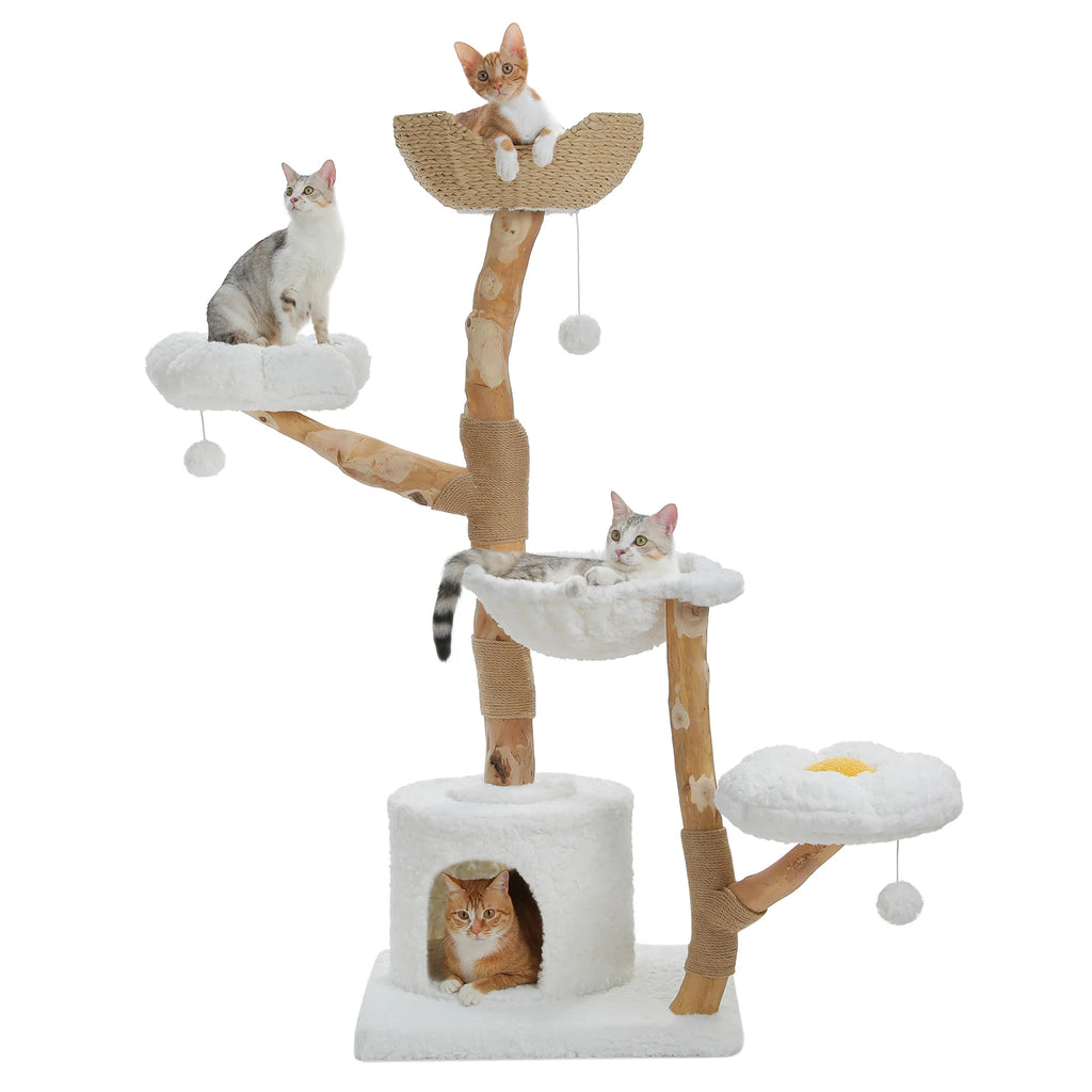 Arbre à chat bois et rotin brun — en situation dans un salon