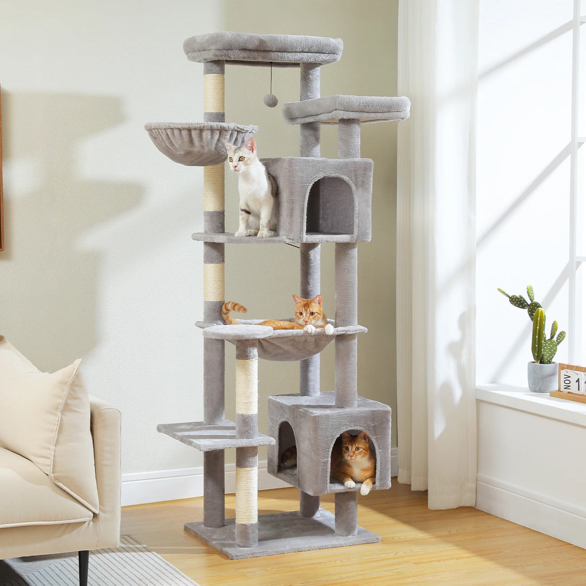 Arbre à chat gris grand hamac — vu de trois quarts
