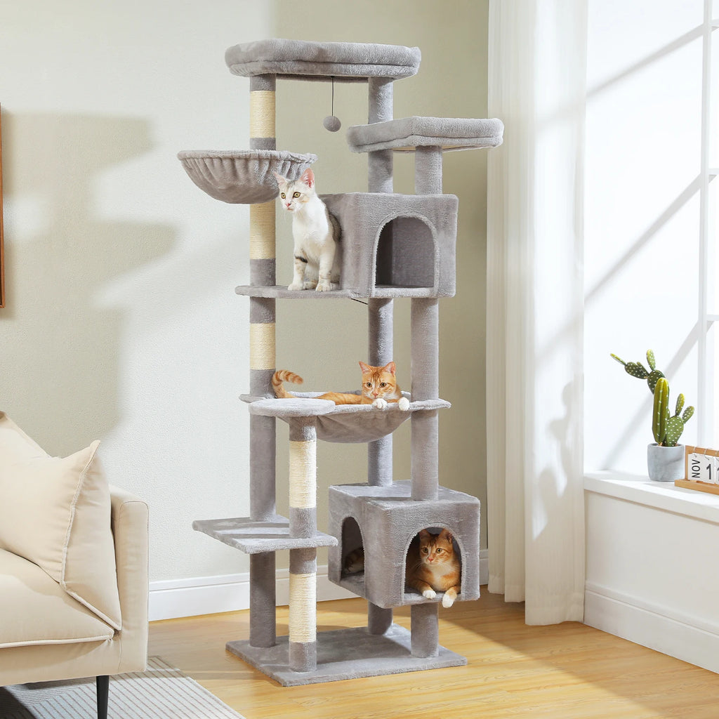 Arbre à chat beige niches superposées — vu de trois quarts