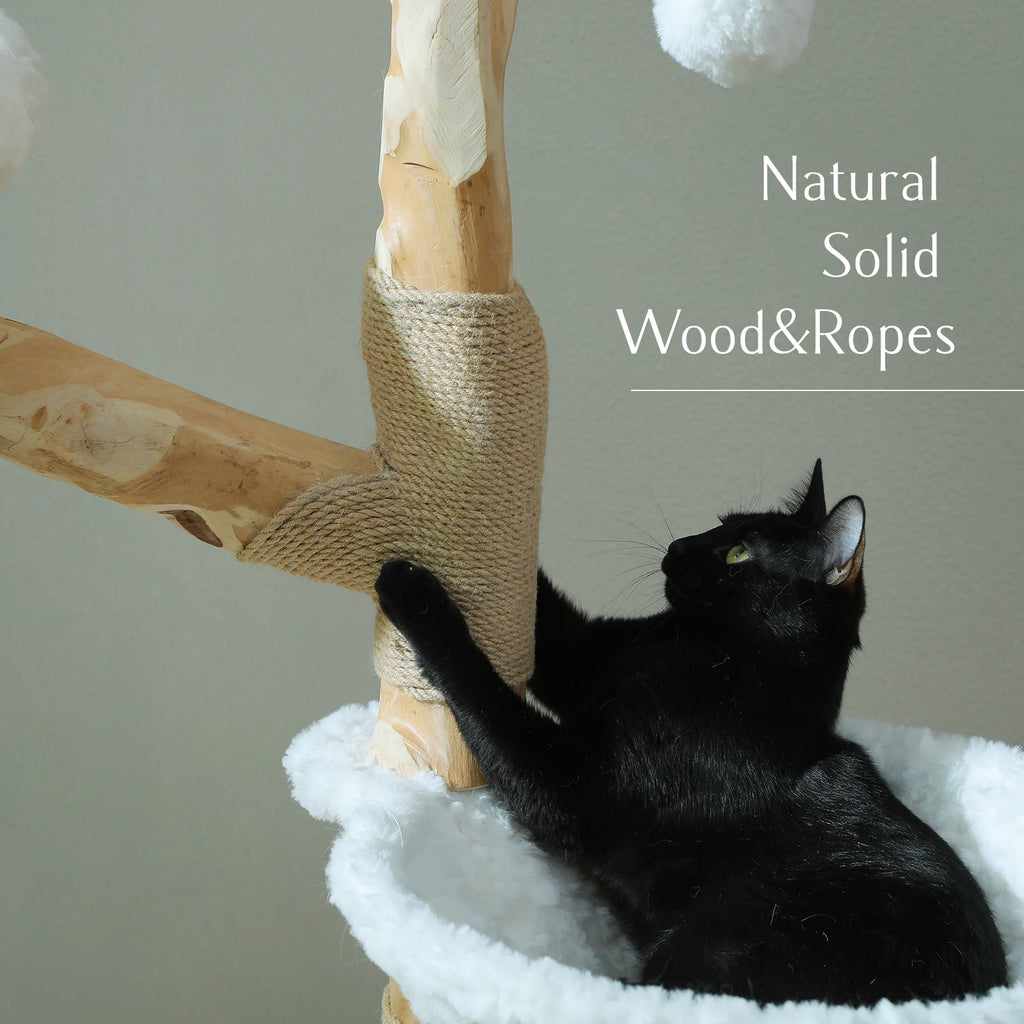 Arbre à chat bois et rotin brun — vu de trois quarts