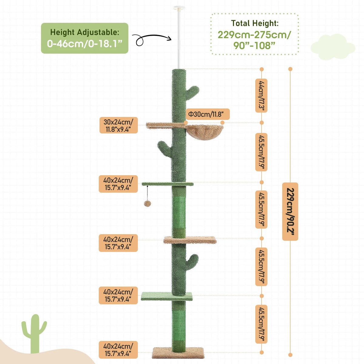 Arbre à chat cactus sol au plafond 275 cm — vu de trois quarts