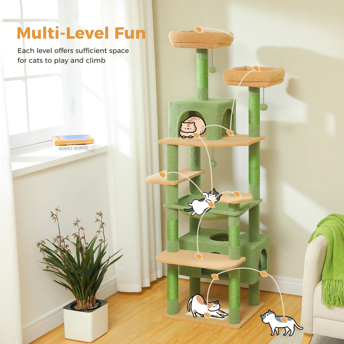 Arbre à chat vert 184 cm — en situation dans un salon