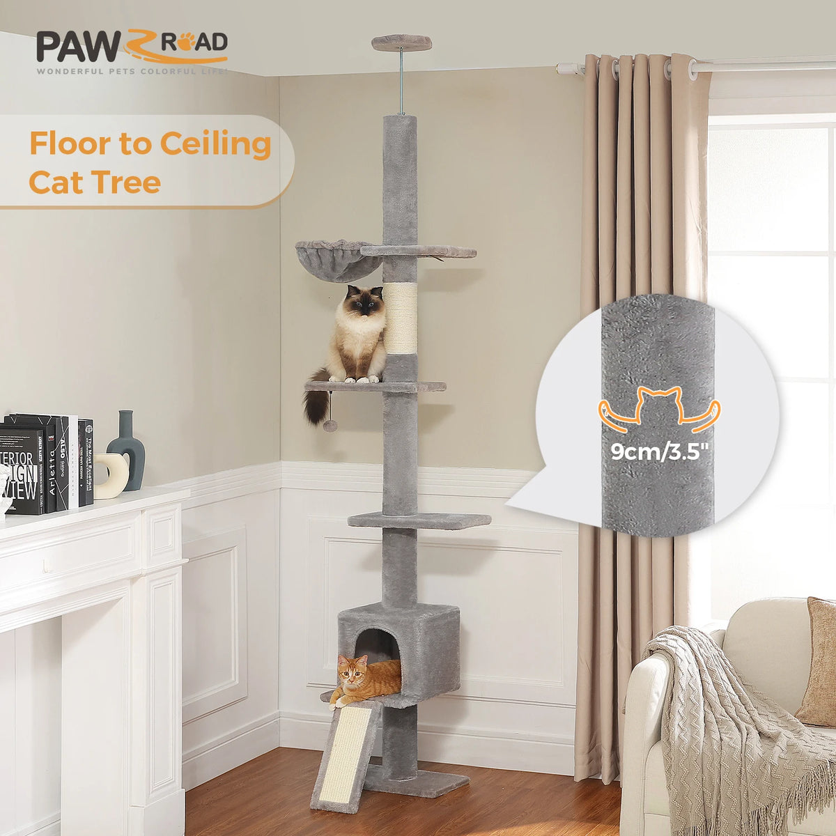 Arbre à chat sol au plafond gris — détail du couchage haut