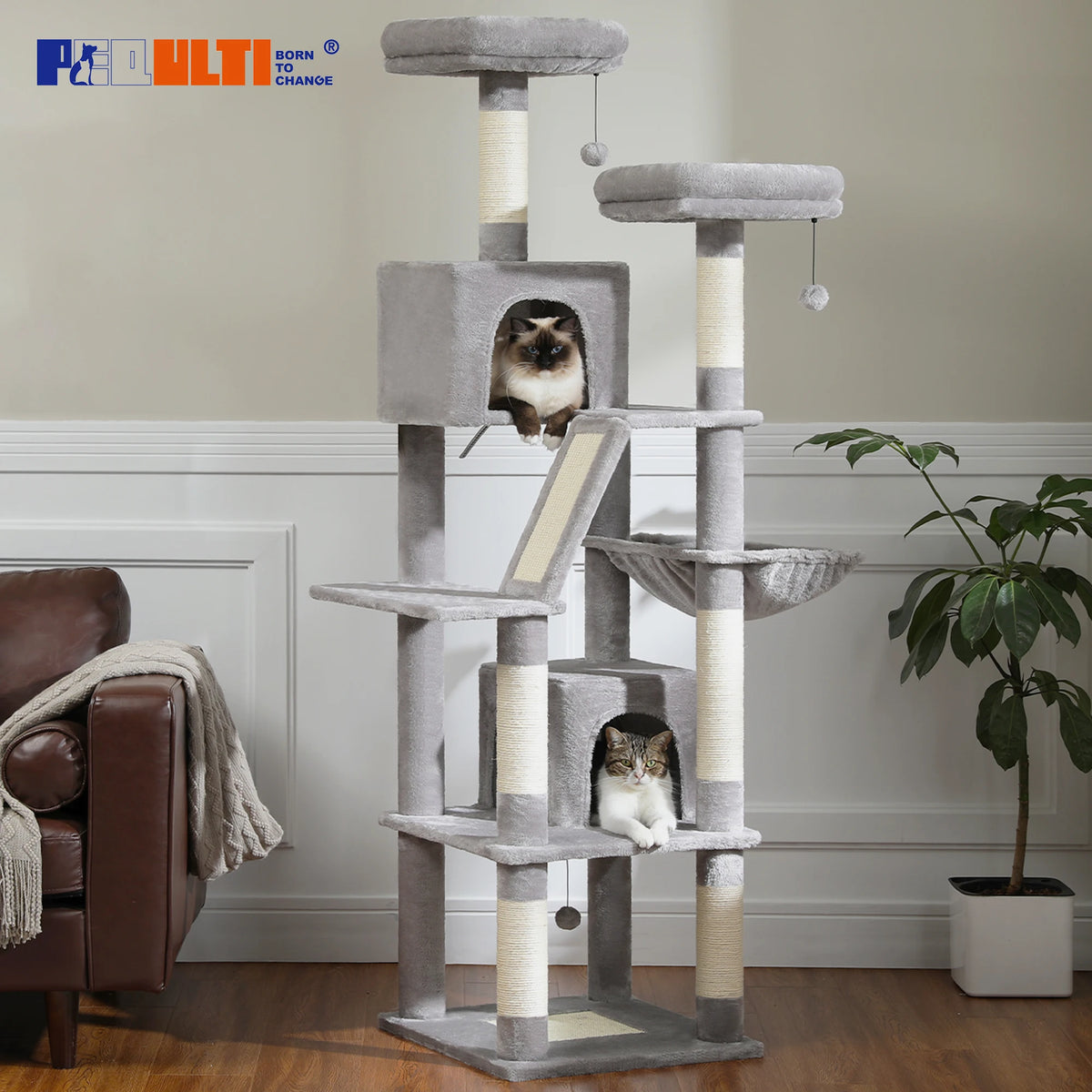 Arbre à chat beige 4 à 6 chats — en situation dans un salon