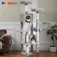 Arbre à chat beige niches superposées — en situation dans un salon