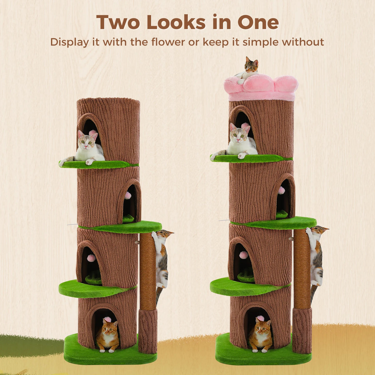 Arbre à chat tronc d'arbre 4 niches — poteau en sisal naturel