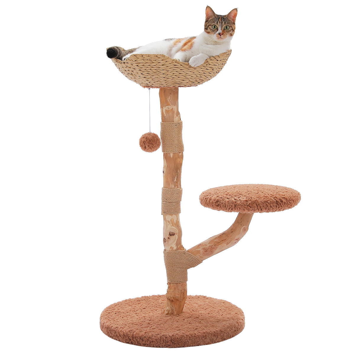 Arbre à chat en bois brun 92 cm avec panier tressé