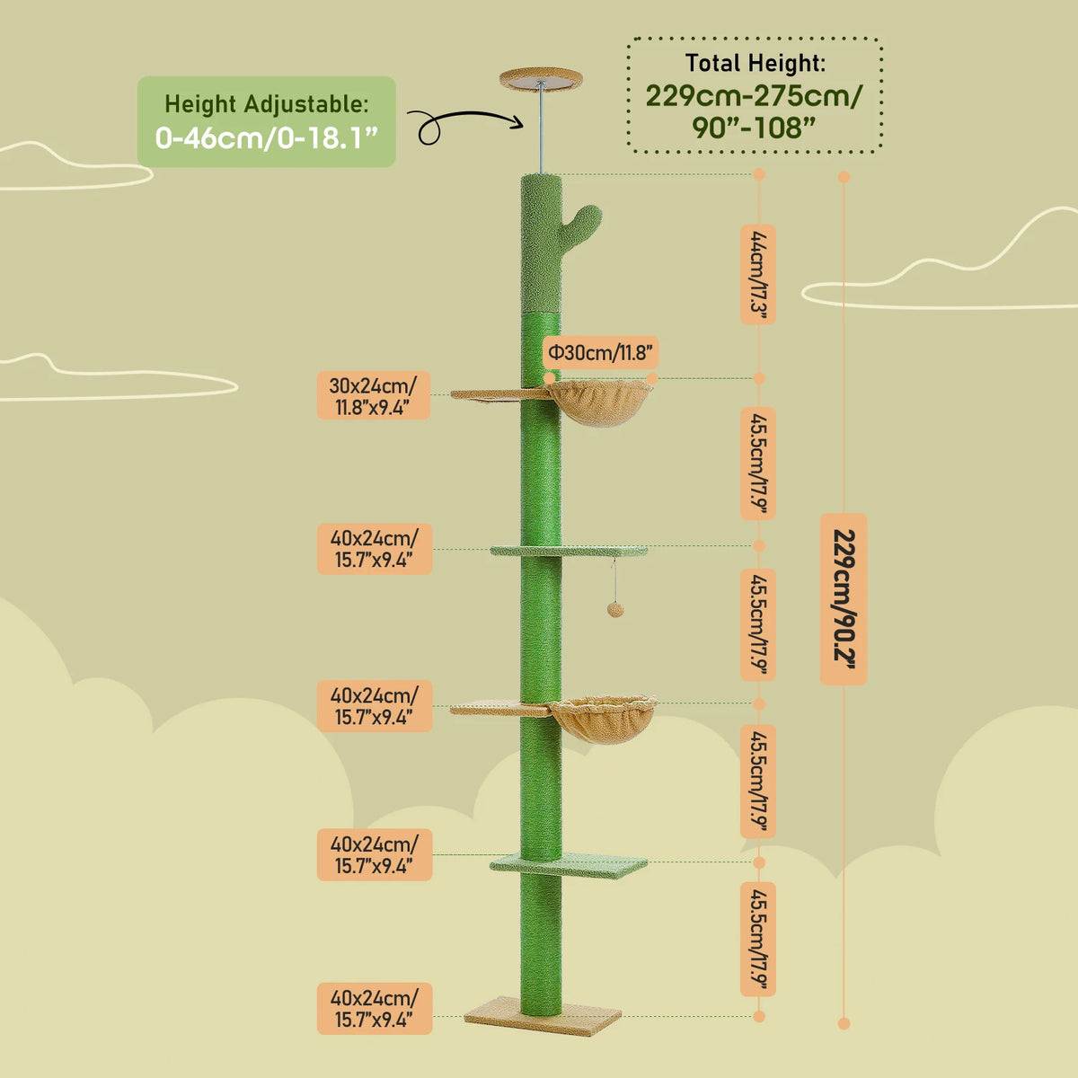 Arbre à chat cactus sol au plafond 229 cm — vu de trois quarts