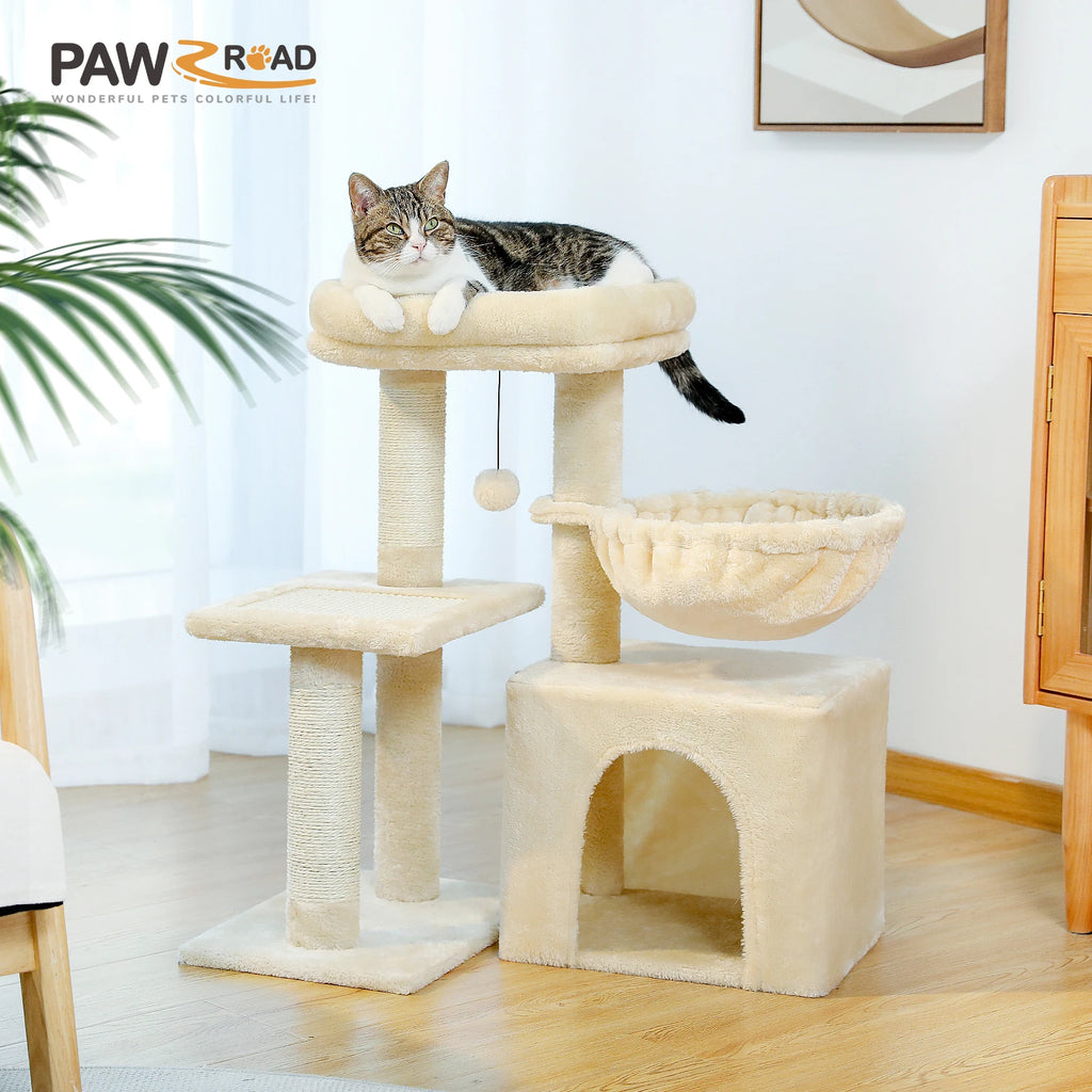 Petit arbre à chat beige 73 cm — vu de trois quarts