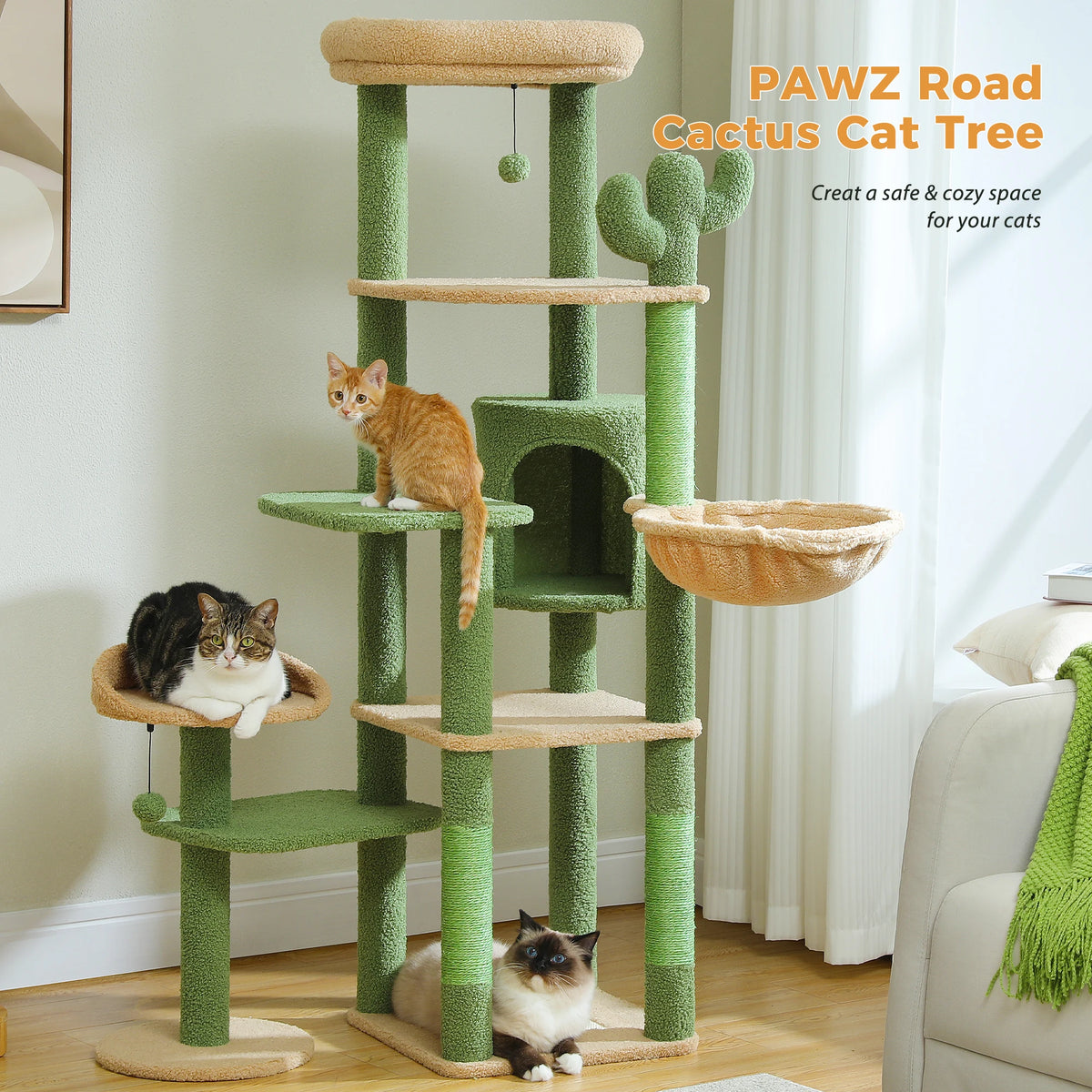 Arbre à chat beige 150 cm — poteau en sisal naturel