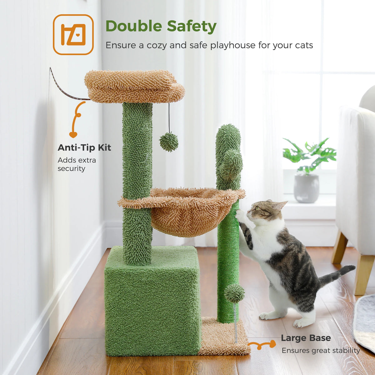 Petit arbre à chat cactus vert — poteau en sisal naturel