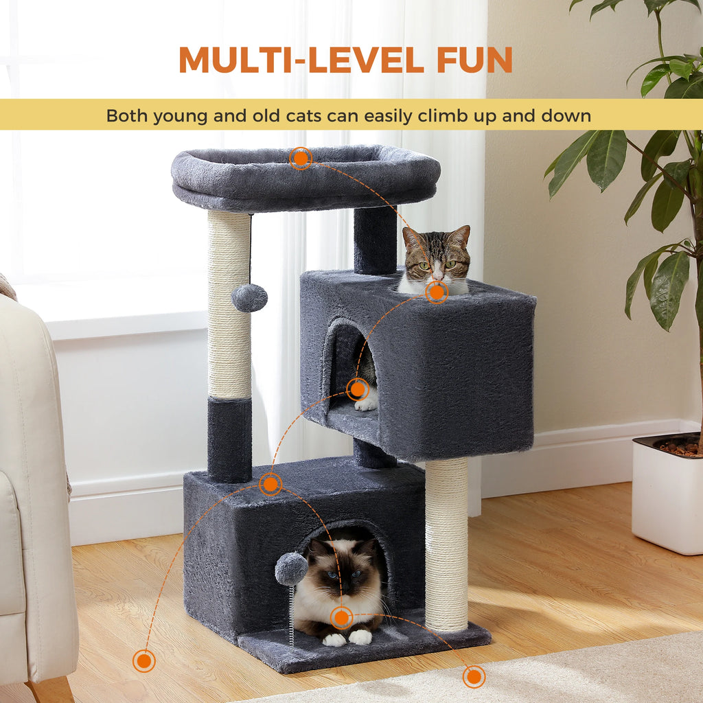 Petit arbre à chat beige 2 niches — détail du couchage haut