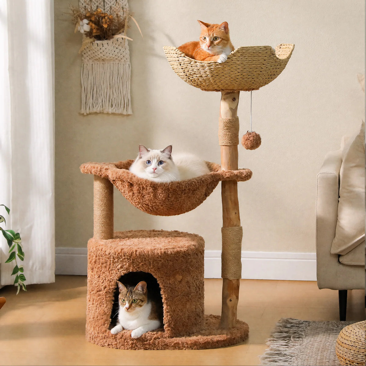 Arbre à chat bois et rotin brun brun en situation dans un salon