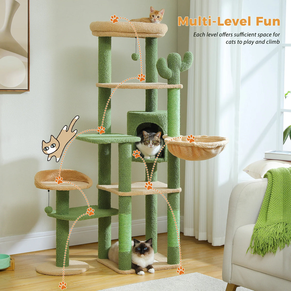 Arbre à chat beige 150 cm — vu de trois quarts