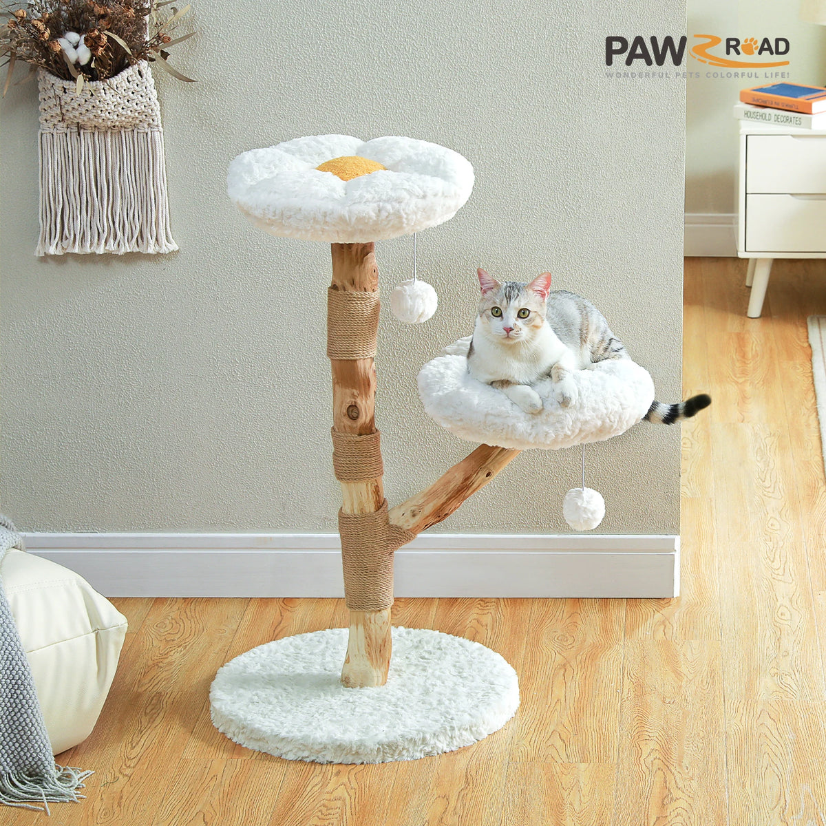 Arbre à chat bois et rotin blanc blanc vu de trois quarts