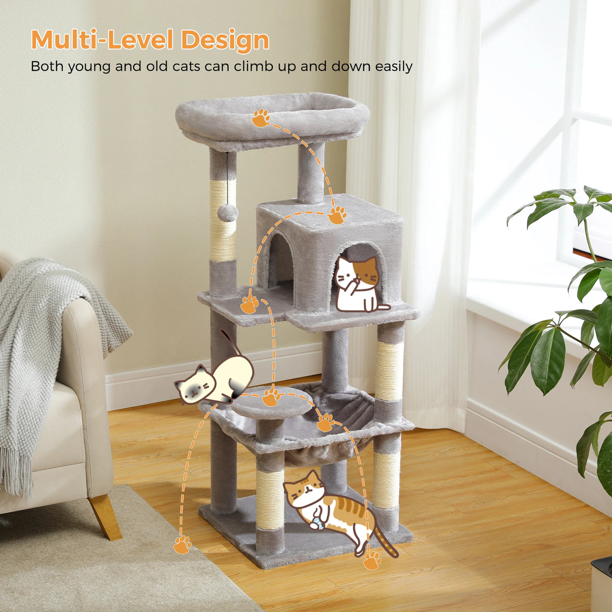 Arbre à chat beige 116 cm — poteau en sisal naturel