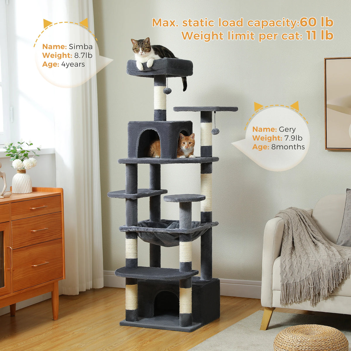 Arbre à chat gris grande tour — détail du couchage haut