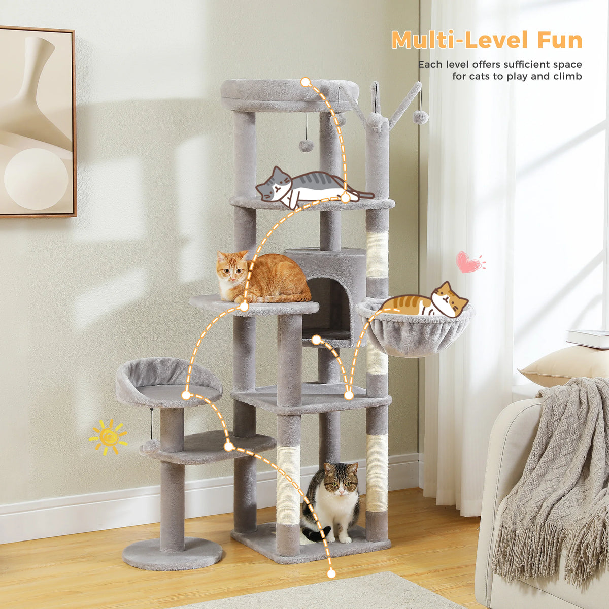 Arbre à chat beige 150 cm — détail du couchage haut