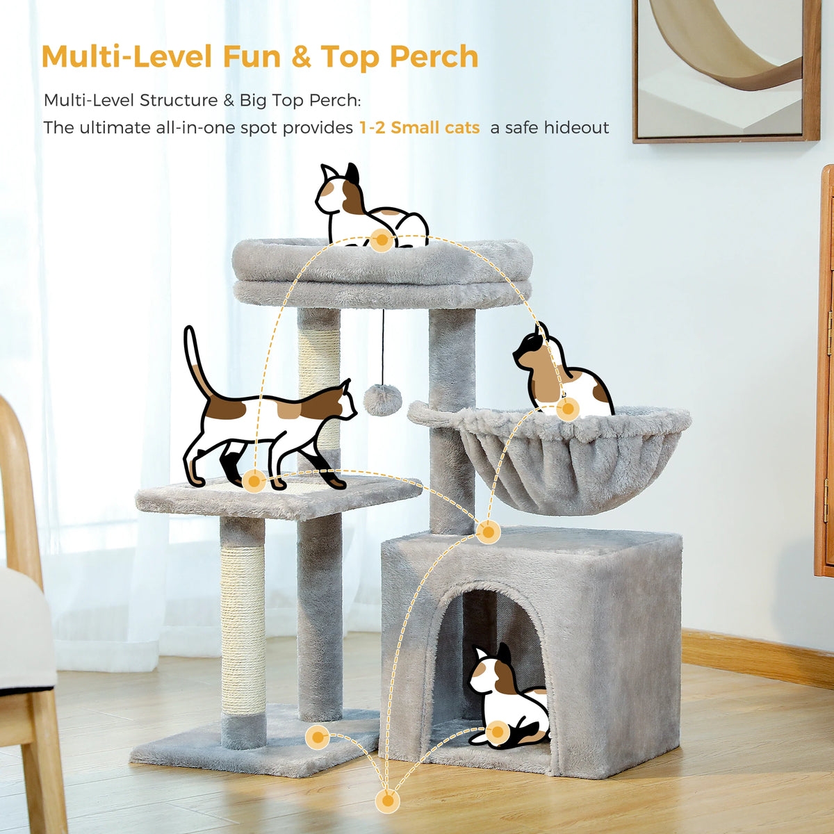 Petit arbre à chat gris 73 cm — détail du couchage haut