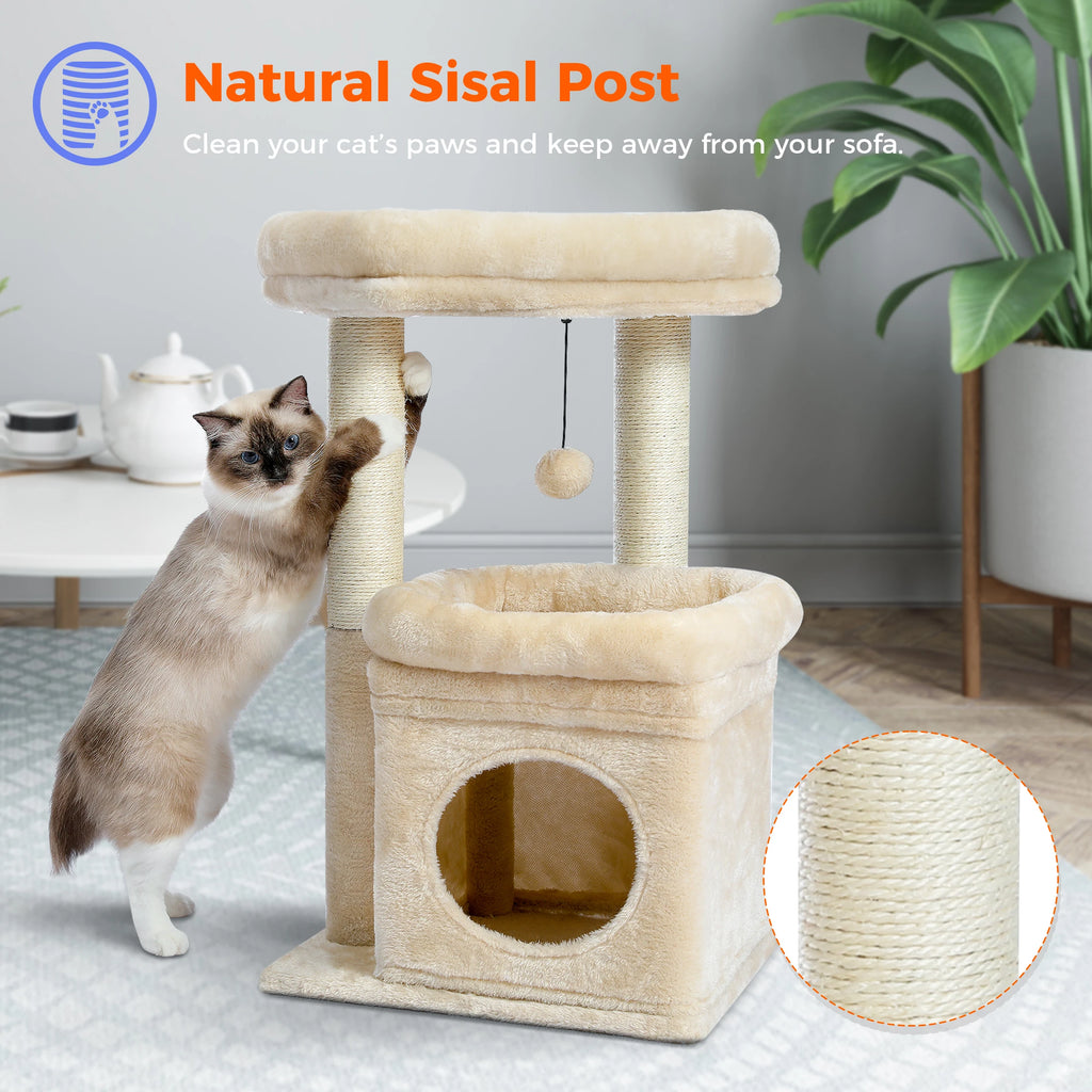 Arbre à chat senior beige — vu de trois quarts