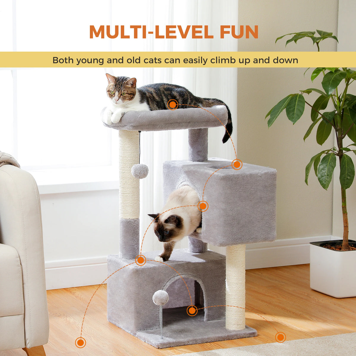 Petit arbre à chat gris 2 niches — poteau en sisal naturel