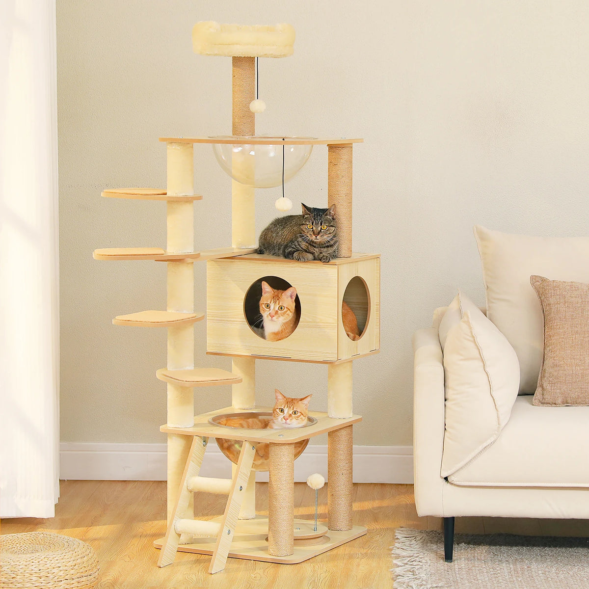 Arbre à chat en bois 144 cm — poteau en sisal naturel