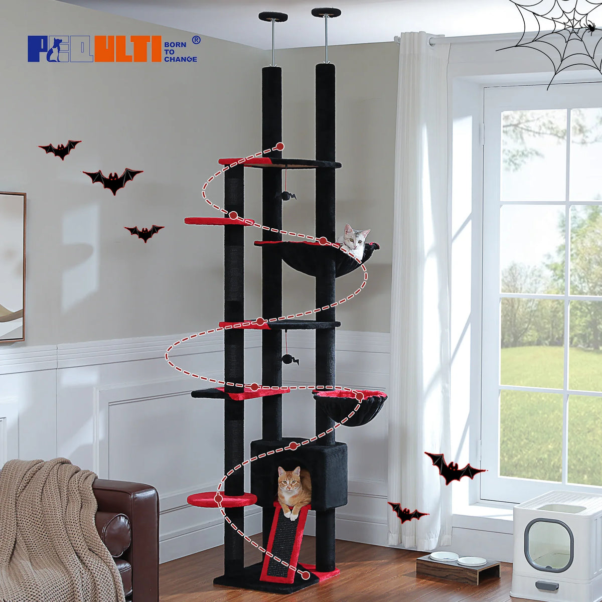 Arbre à chat sol au plafond rose — détail du hamac