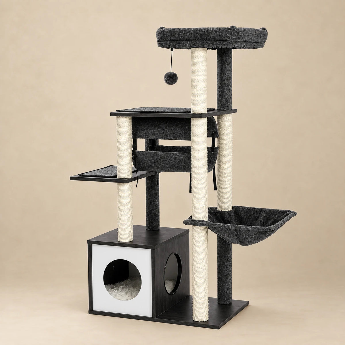 Arbre à chat Ash gris anthracite de 130,5 cm, niche, hamac et poteaux en sisal sur fond beige