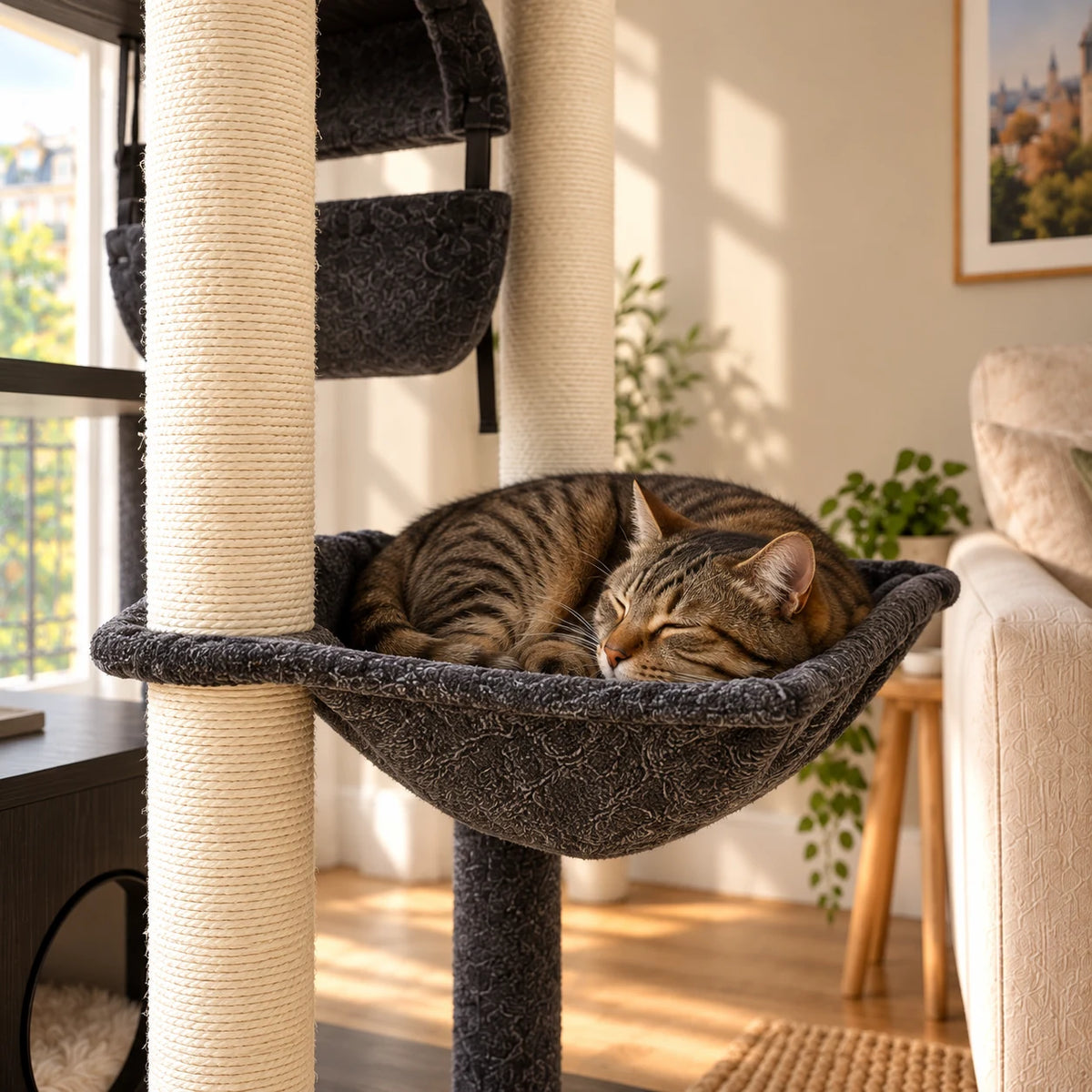 Chat tigré endormi dans le hamac anthracite de l'arbre à chat Ash