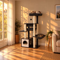 Arbre à chat Ash anthracite dans un salon au coucher du soleil avec chats endormis
