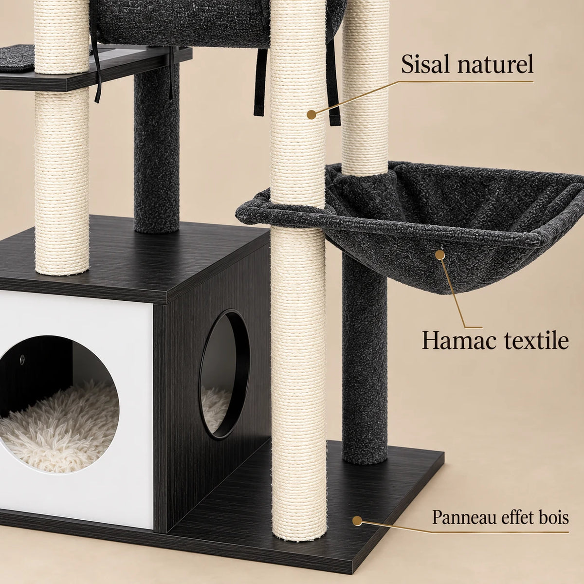 Détails du sisal naturel, du hamac textile et des panneaux effet bois de l'arbre à chat Ash